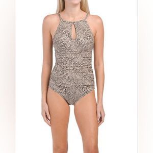 Ellen Tracy Spotted High Neck Tummy Control One Piece Swimsuit Size 10